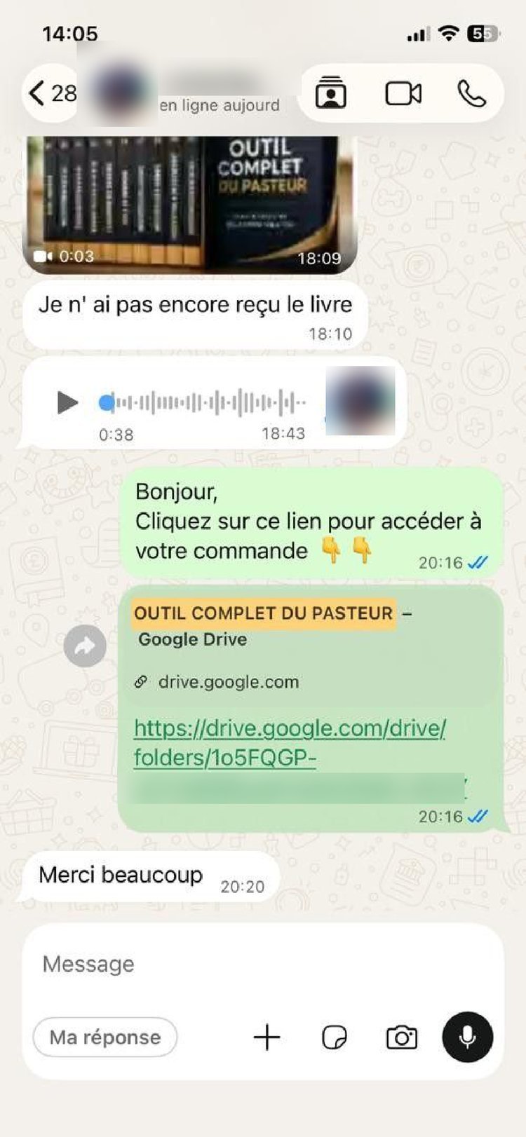 Capture d'échange WhatsApp confirmant la réception de la commande — témoignage 1