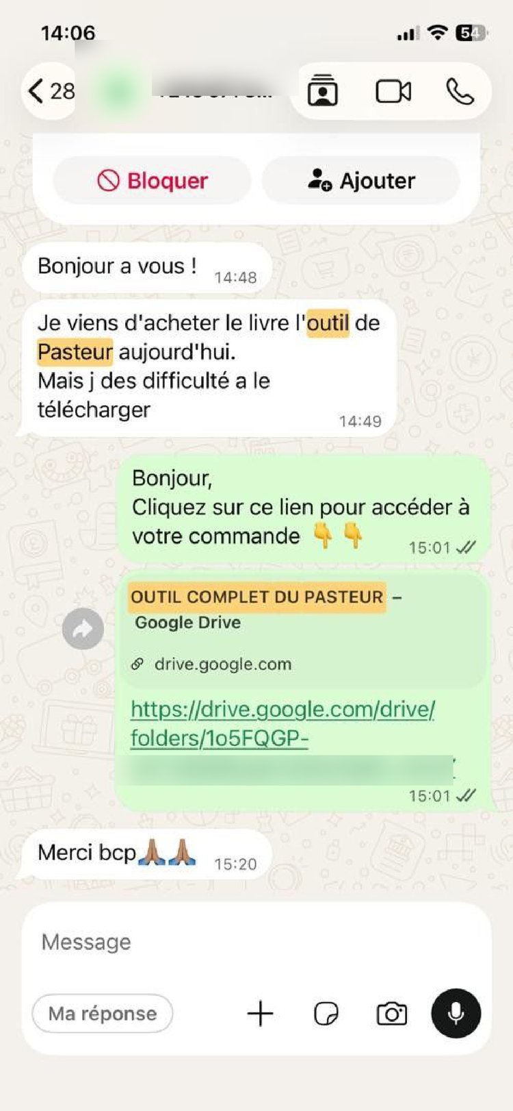 Capture d'échange WhatsApp confirmant la réception de la commande — témoignage 2