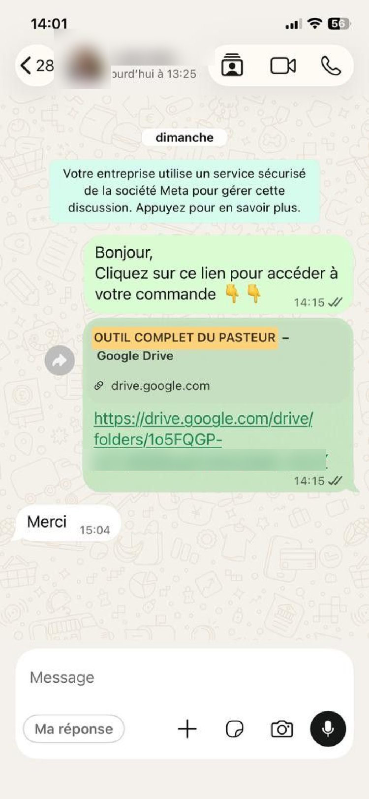 Capture d'échange WhatsApp confirmant la réception de la commande — témoignage 3