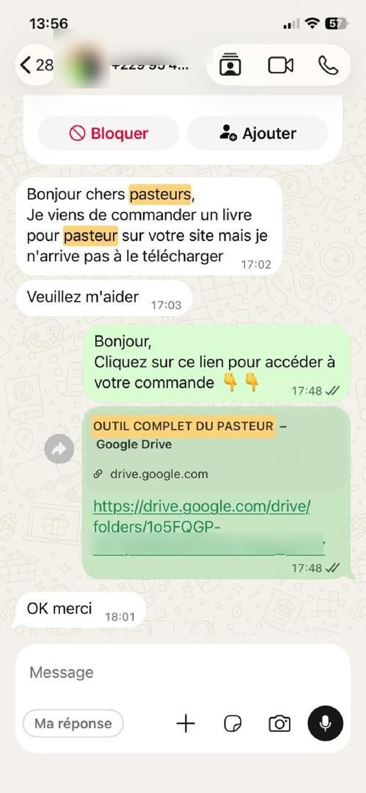 Capture d'échange WhatsApp confirmant la réception de la commande — témoignage 4